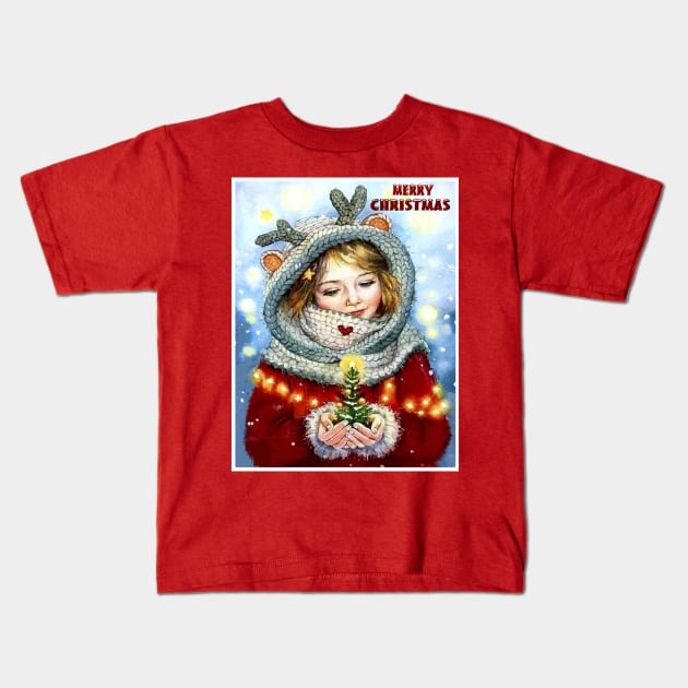 Merry Christmas Young Girl holding a Xmas Tree Vintage Print Kids T-Shirt by posterbobs